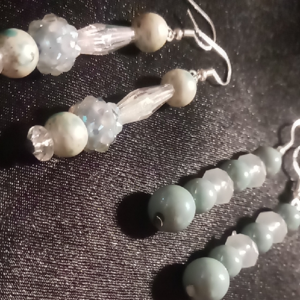 Silver ,white opalescent and Blue Beaded Earrings 925 hooks